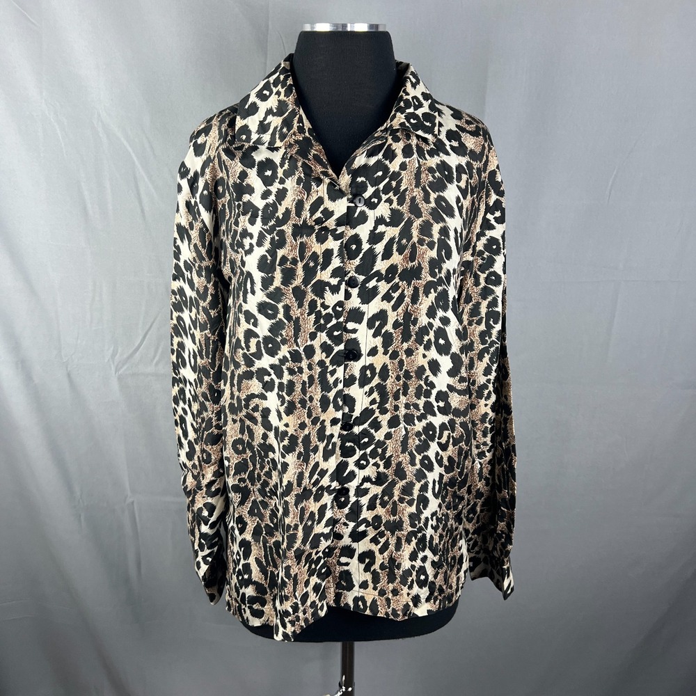 Vintage Stunt Blouse Top Womens Medium Multicolor Silk Leopard Print Long Sleeve